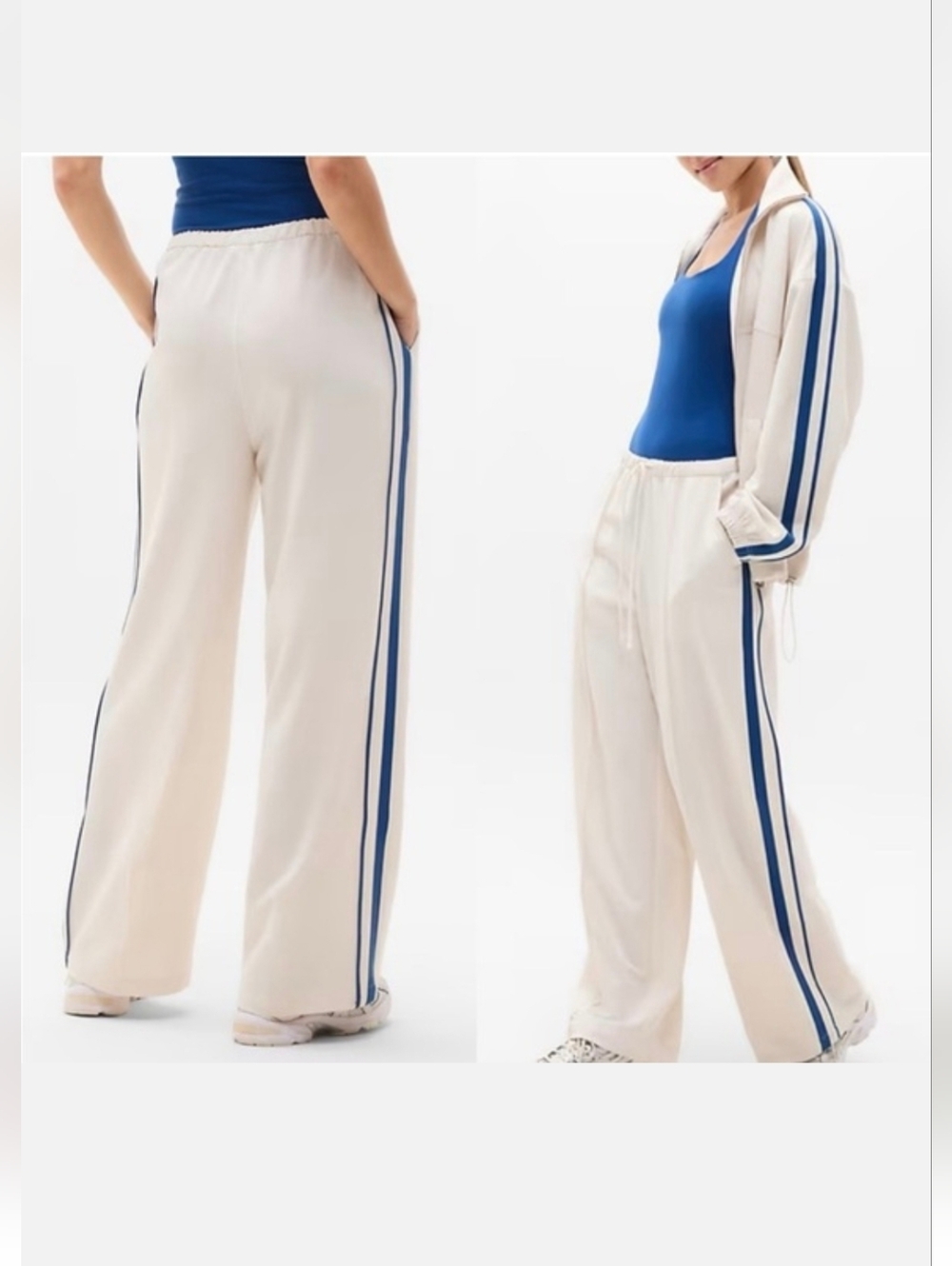 Athleta Cream Wide-Leg Track Pants with Blue Side Stripes